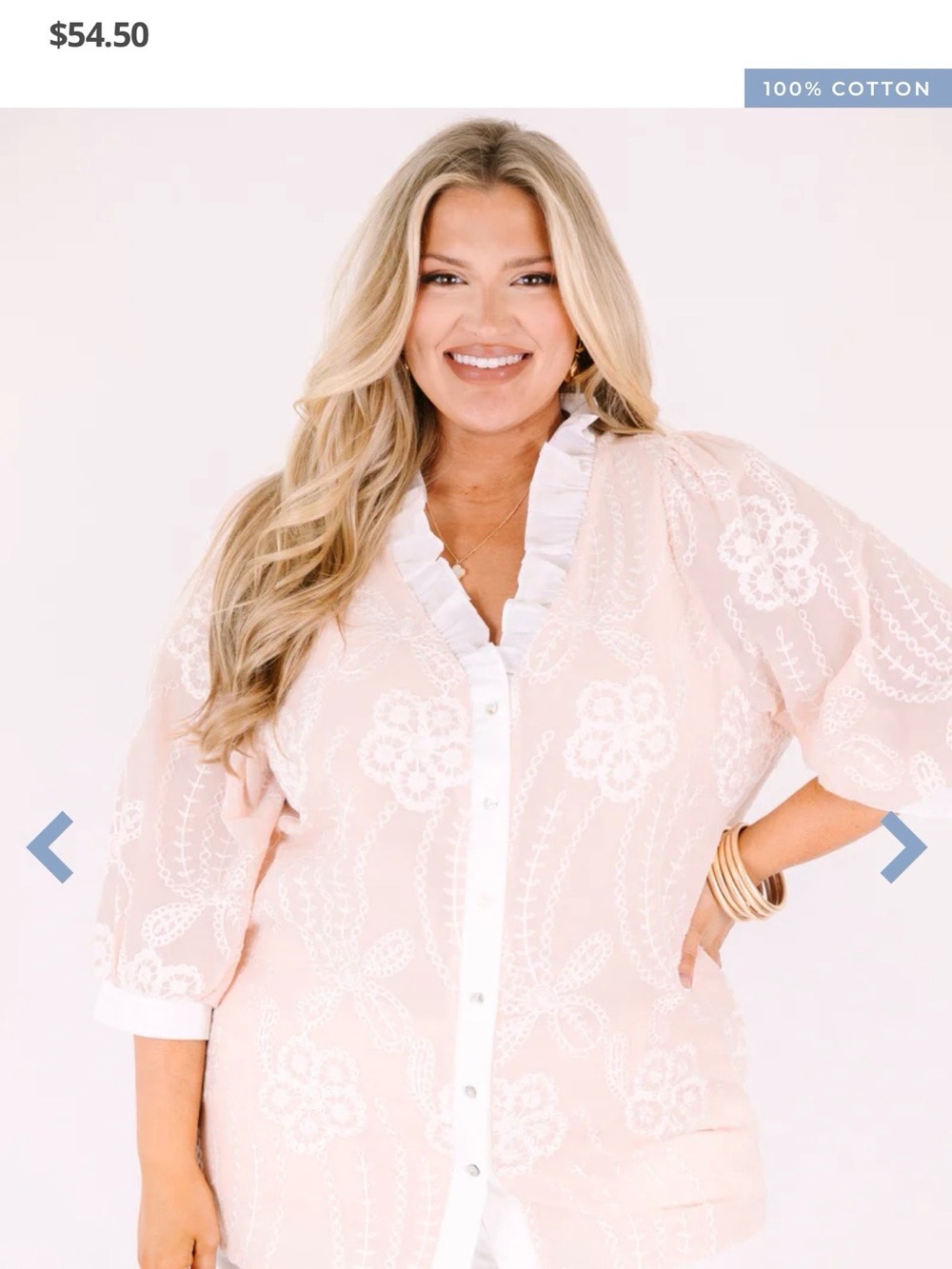 Chic Soul Pale Pink Embroidered Ruffle-Trim Button Front Blouse